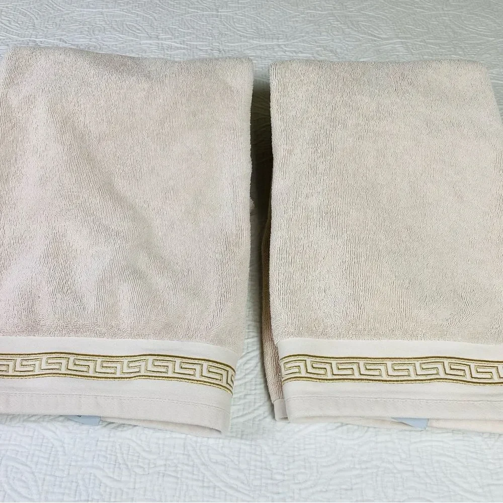Luxurious Vtg Cream Bath Towels with Gold Greek Embroidered Accent